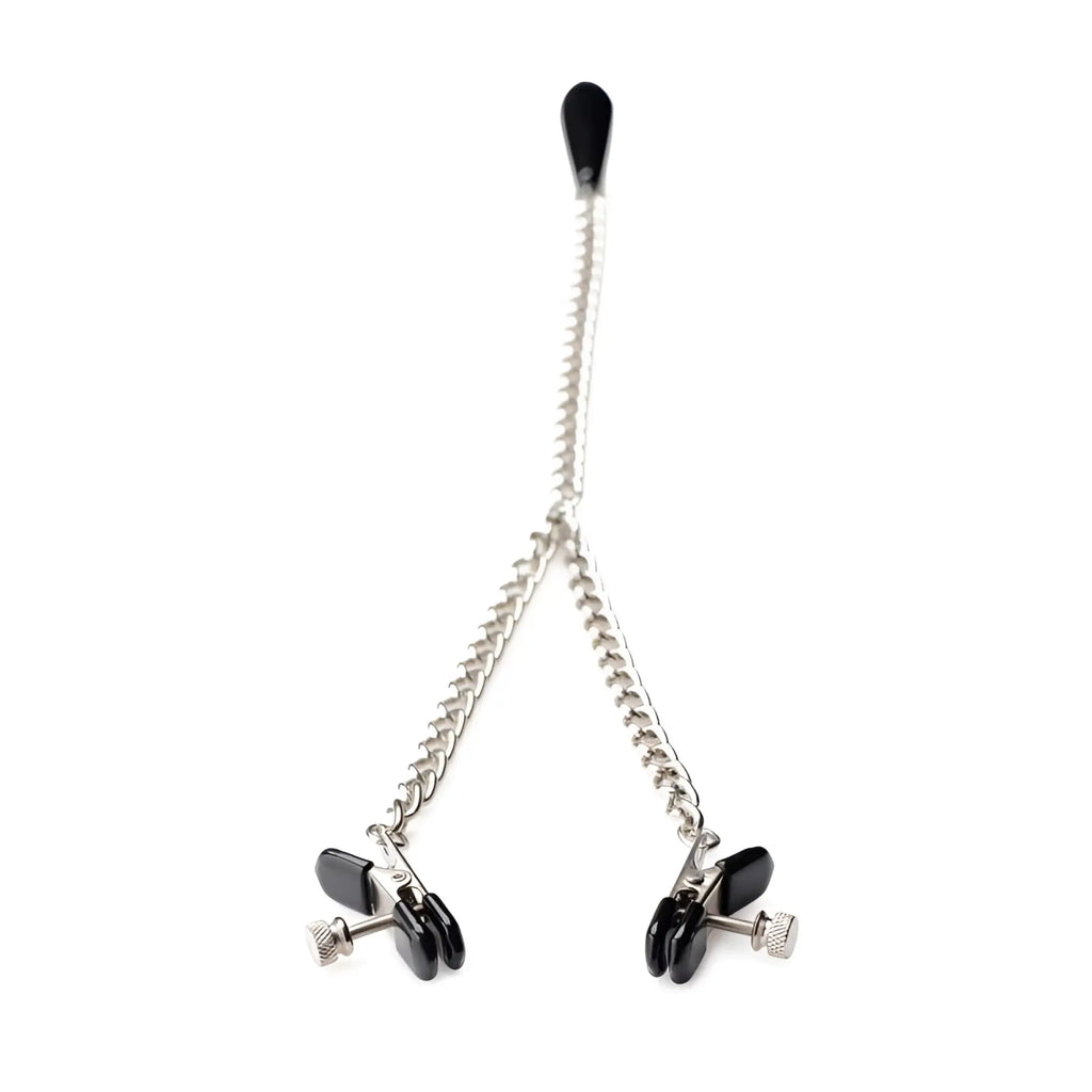 Silver chain master series titty taunter nipple clamps with black plastic clamps and weighted black teardrop end piece