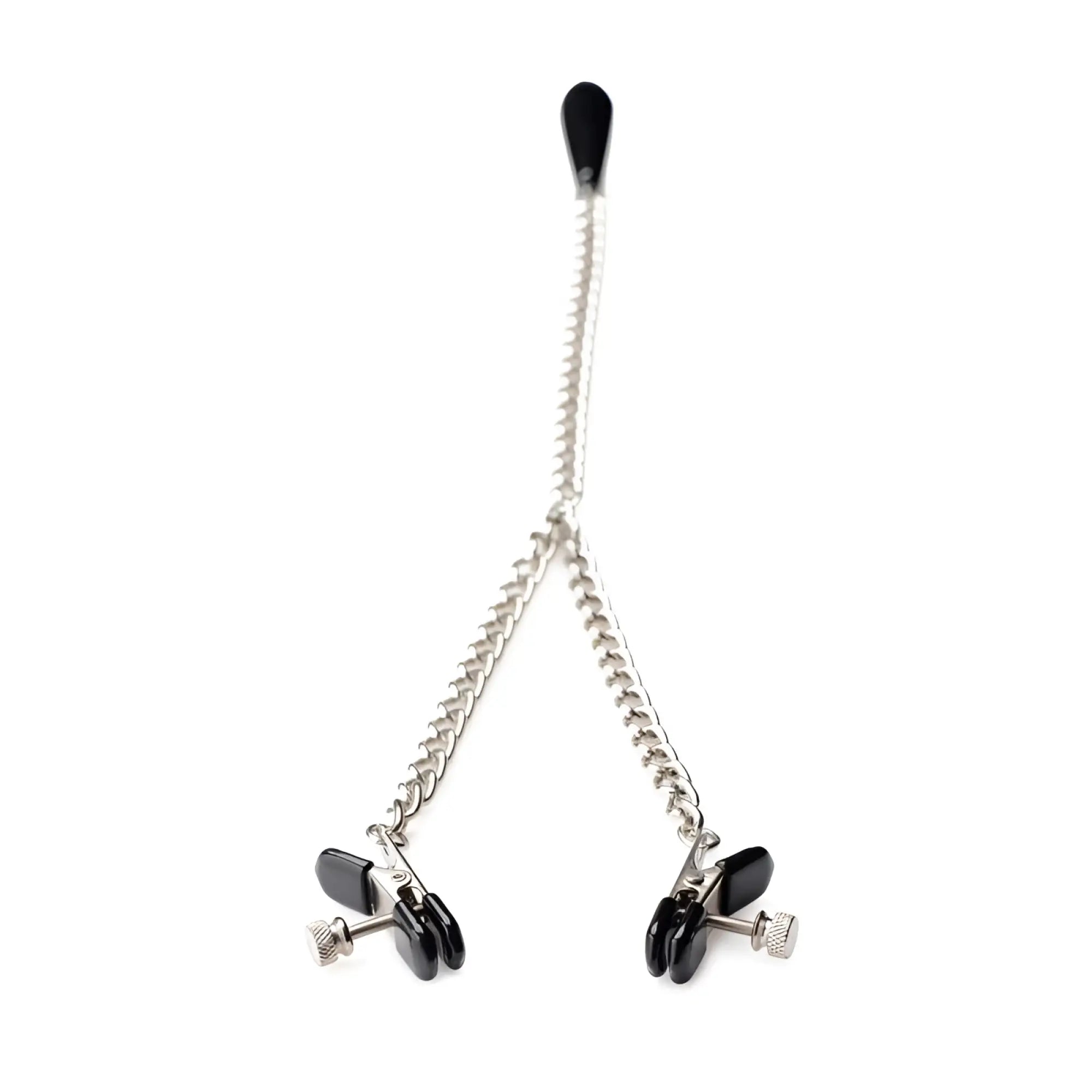 Silver chain master series titty taunter nipple clamps with black plastic clamps and weighted black teardrop end piece