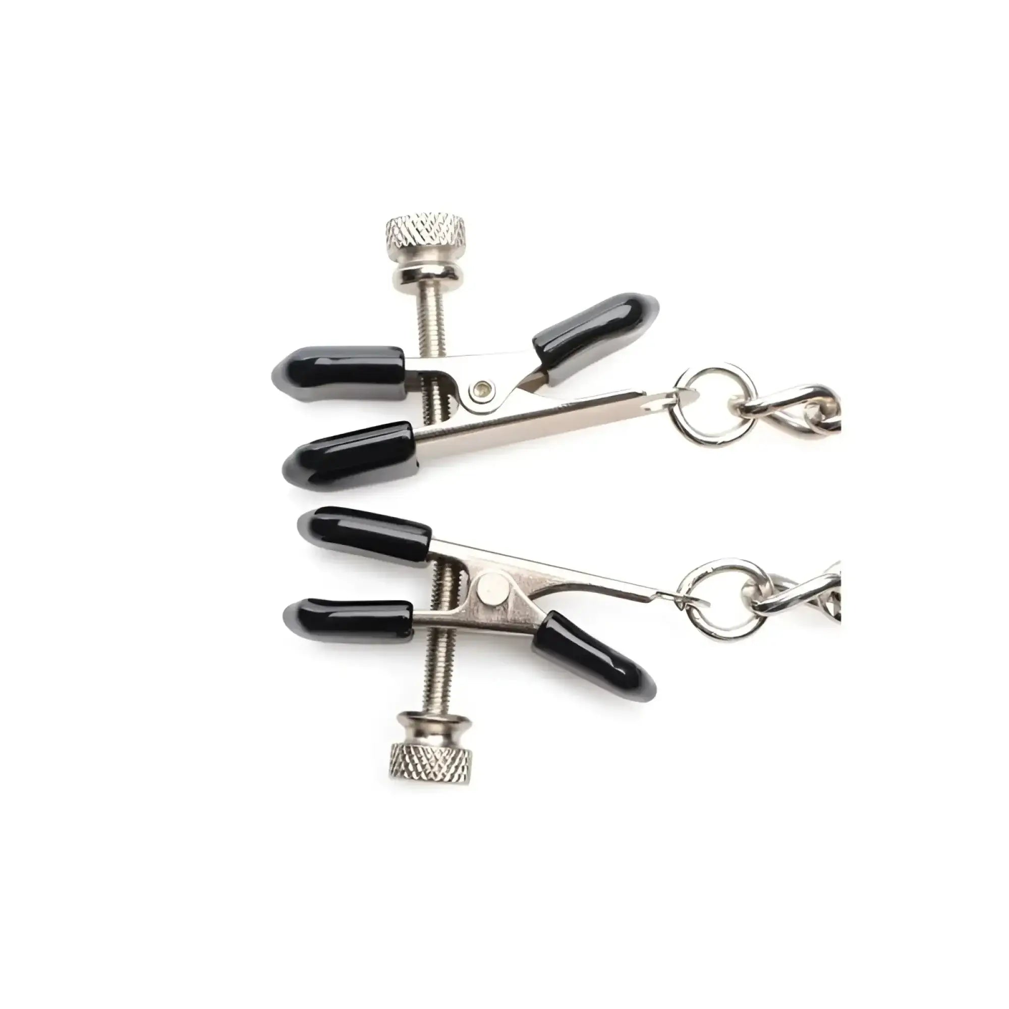 Black and silver metal Master Series titty taunter nipple clamps with textured adjustment knobs and chain attachments