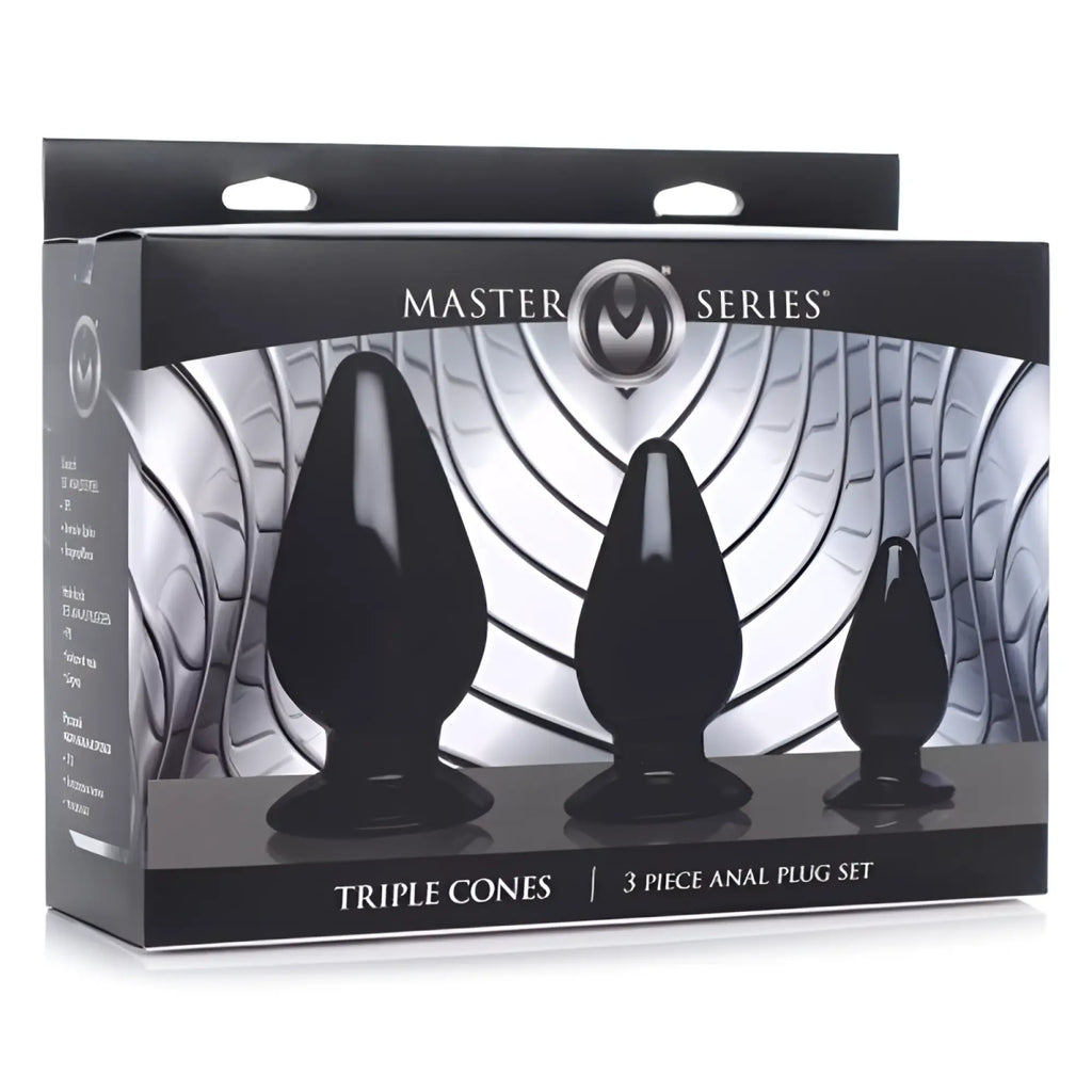 Black silicone anal plugs master series triple cones 3 pc set featuring graduated cone shapes for comfortable use