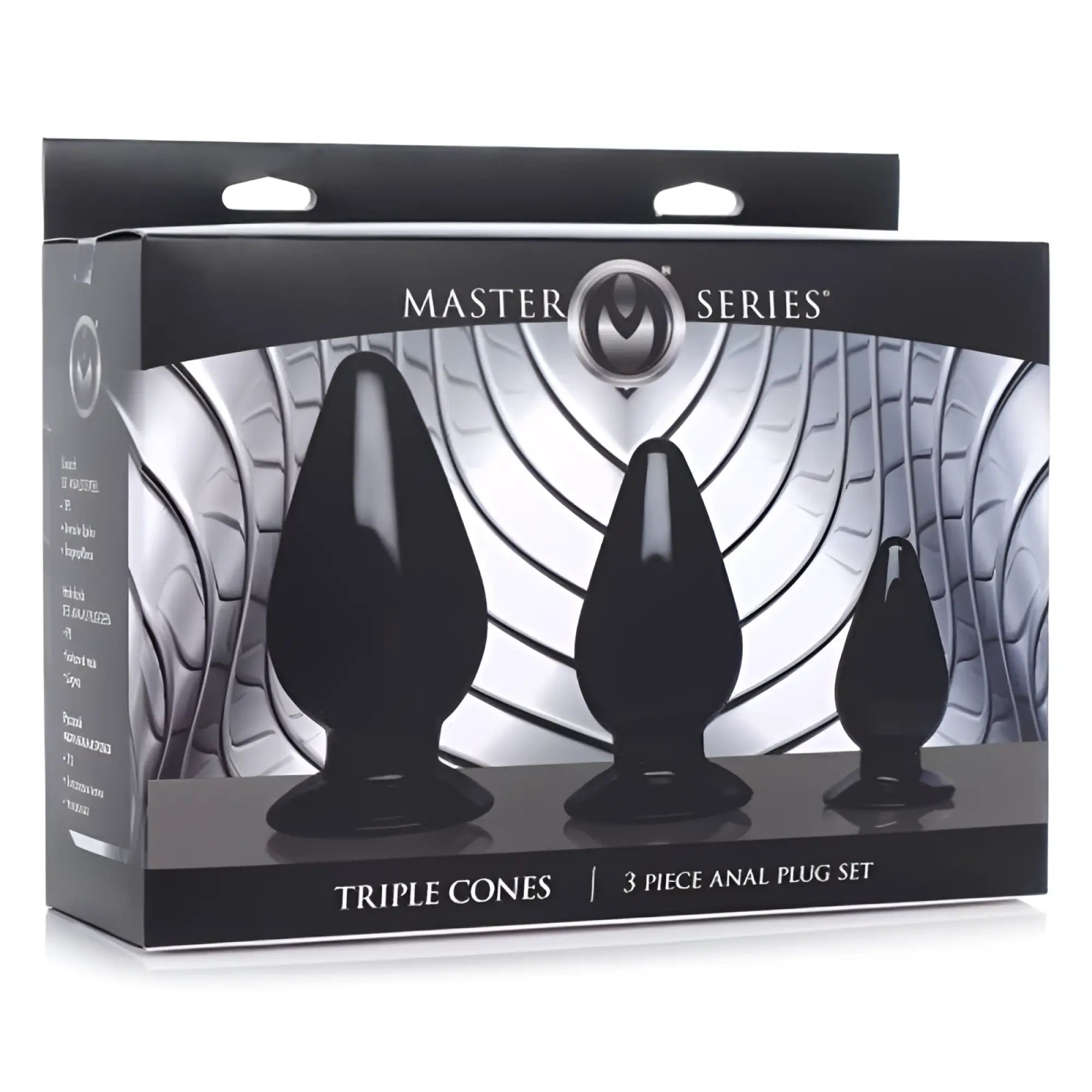 Black silicone anal plugs master series triple cones 3 pc set featuring graduated cone shapes for comfortable use