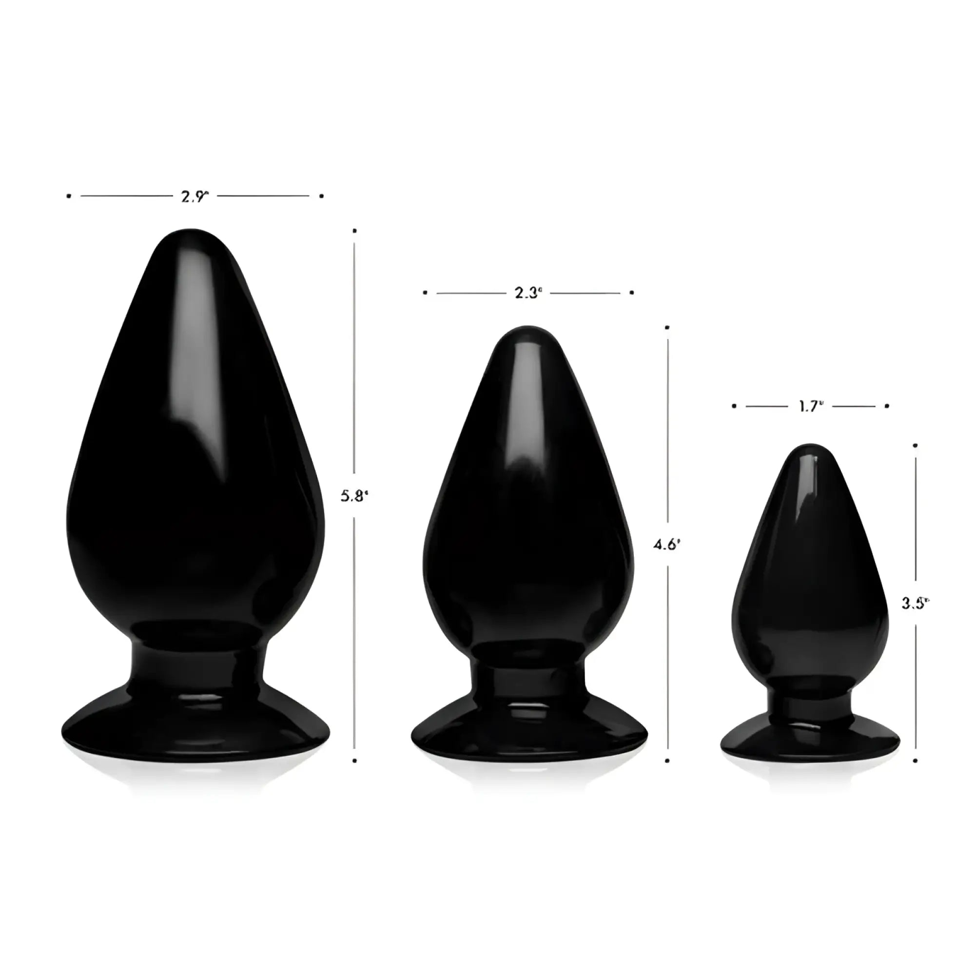 Set of three black glossy plastic anal plugs in varying sizes master series triple cones 3 pc anal plug set