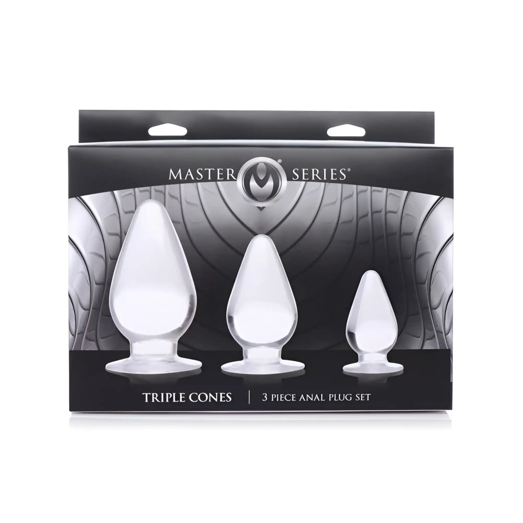 Clear glass triple cone anal plug set in black master series packaging for advanced intimate use