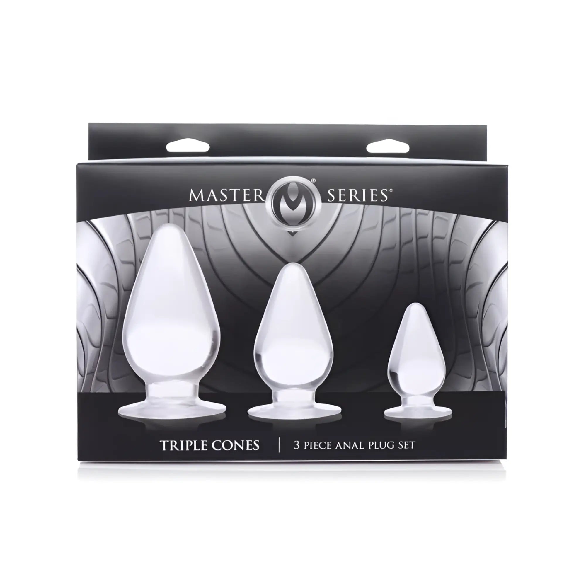 Clear glass triple cone anal plug set in black master series packaging for advanced intimate use