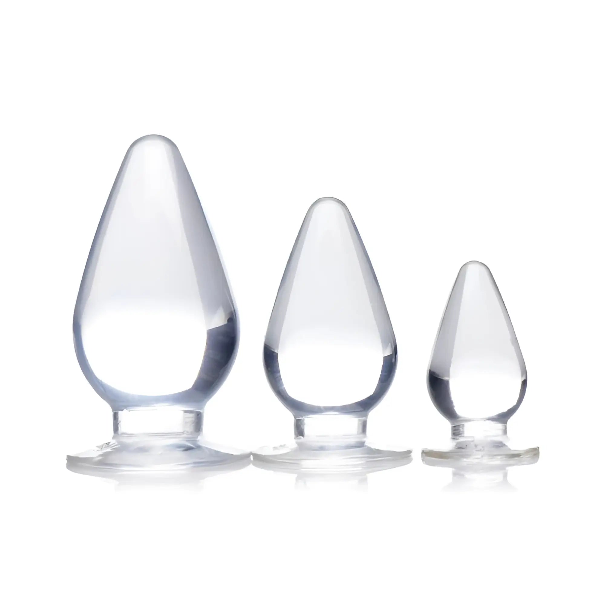 Master series triple cones 3 pc clear glass anal plug set with smooth teardrop shape and rounded bases in three sizes