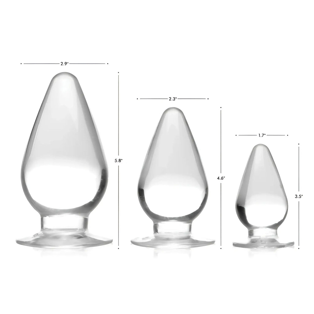 Master Series triple cones 3 pc anal plug set clear glass with three rounded teardrop shapes and flat bases