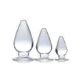 Master series triple cones 3 pc anal plug set clear glass with smooth teardrop shapes and rounded bases in three sizes