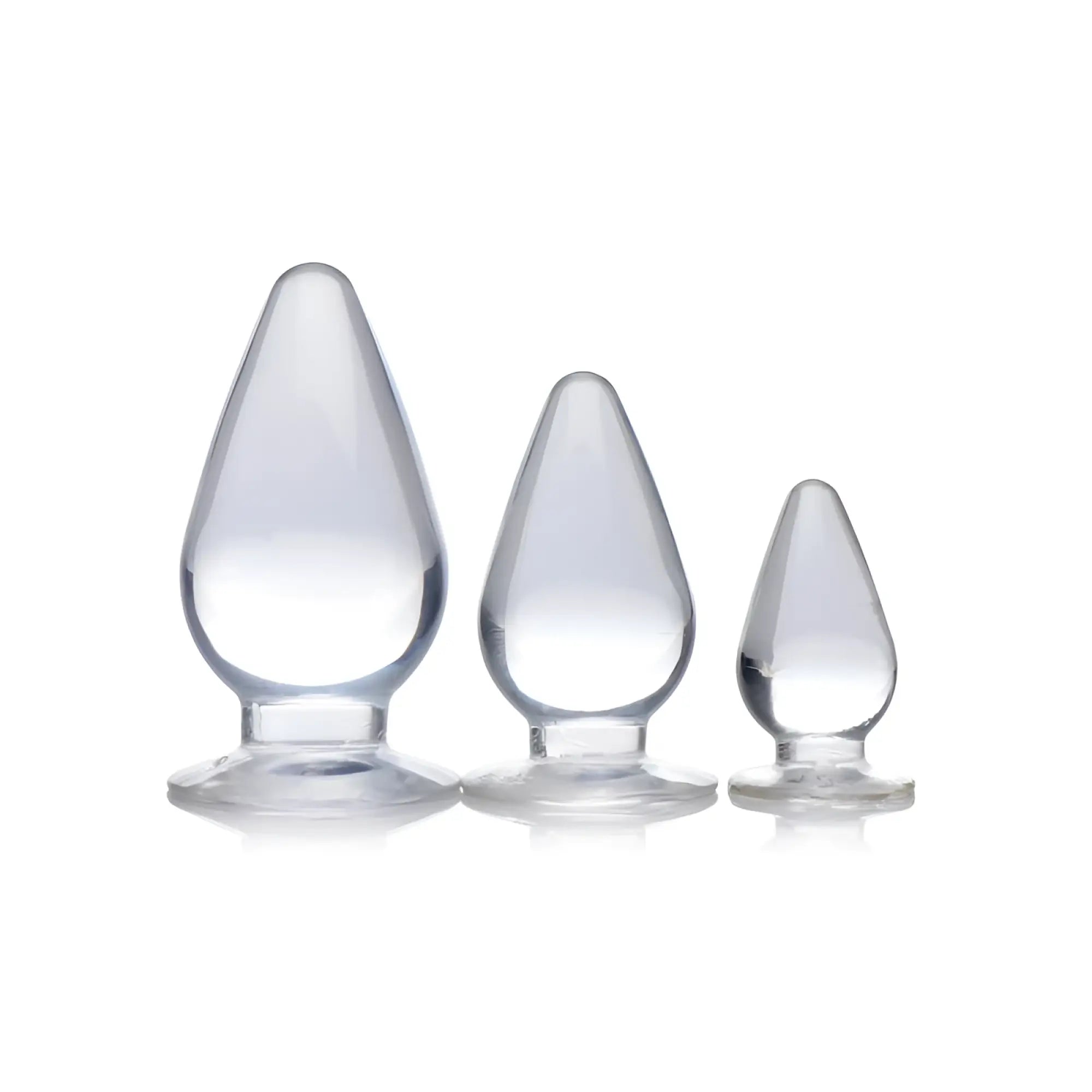 Master series triple cones 3 pc anal plug set clear glass with smooth teardrop shapes and rounded bases in three sizes