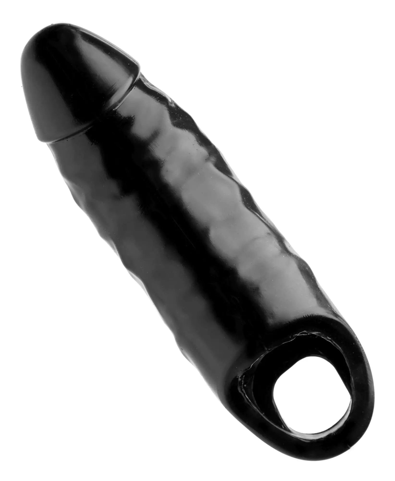 Master series xl black mamba cock sheath is a black glossy silicone cock ring with textured surface and an open circular end
