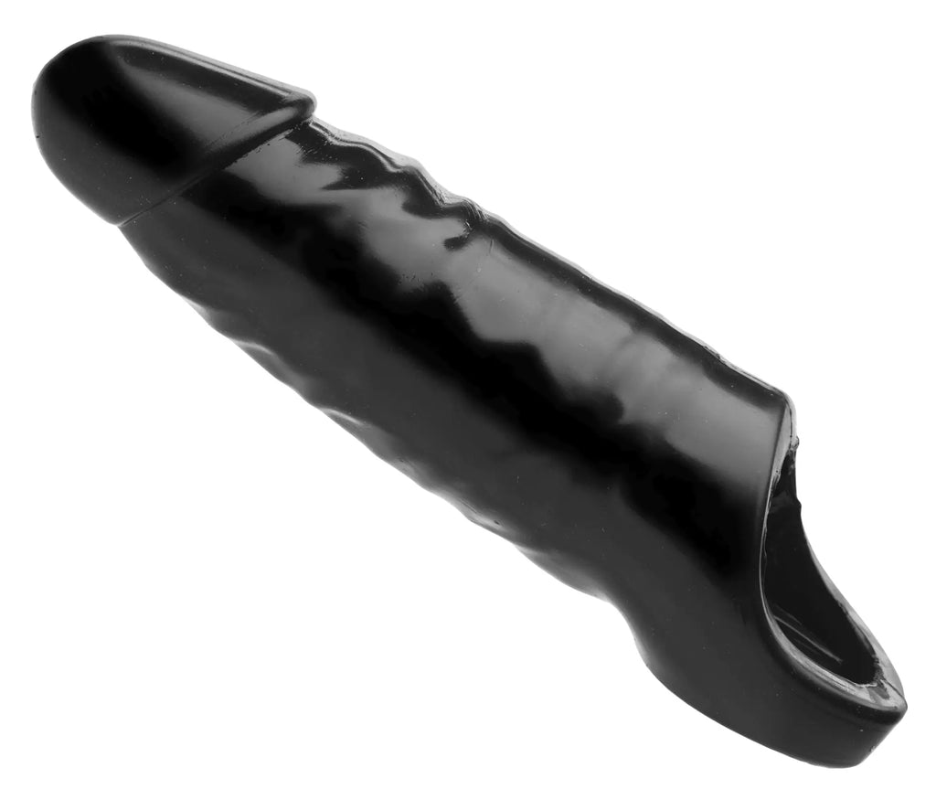 Master Series XL Black Mamba cock sheath in black glossy silicone with textured ridges and curved base opening