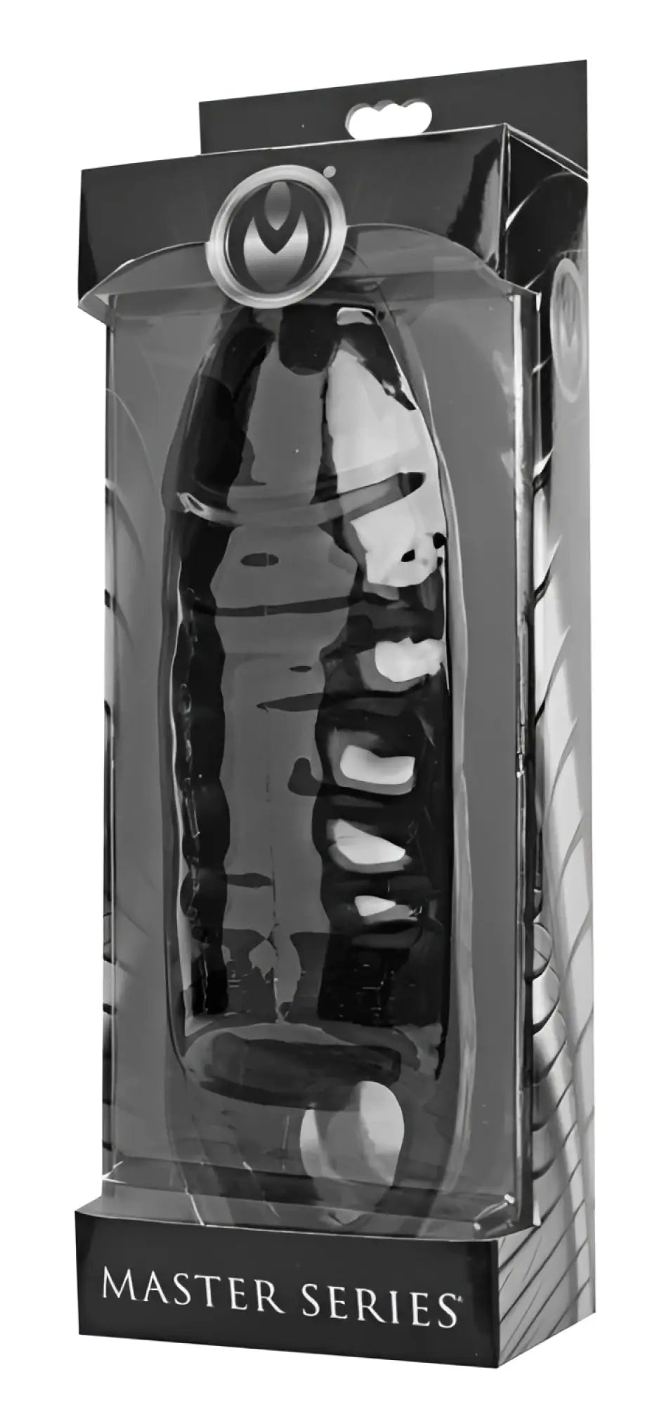Master series black silicone anal plug with textured ridges and rounded base shown from the back side