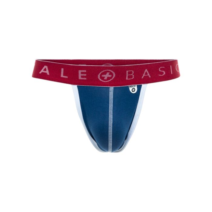 A pair of men's briefs by Ale Basic, featuring a dark blue body with a white center seam and a red elastic waistband printed with the brand name 'ALE BASIC' in white.