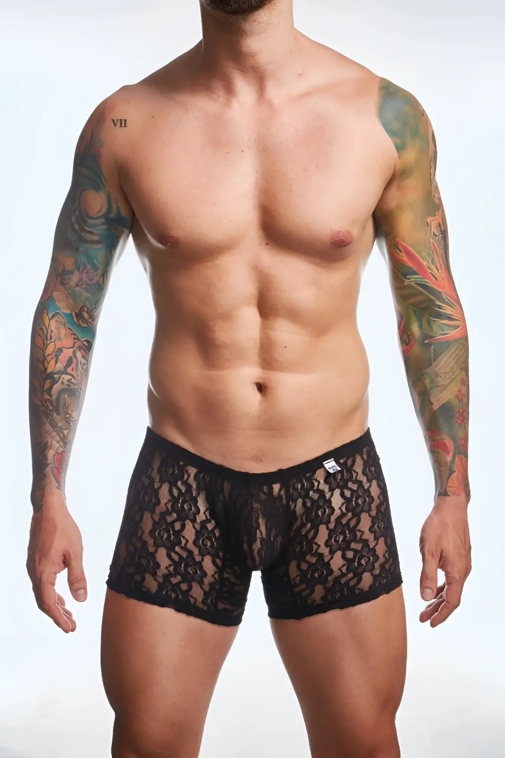 Black floral lace menâ€™s briefs made of lace material for comfortable stylish wear by mob men