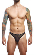 Black mesh briefs with a subtle logo on the front from the mob sheer thong collection