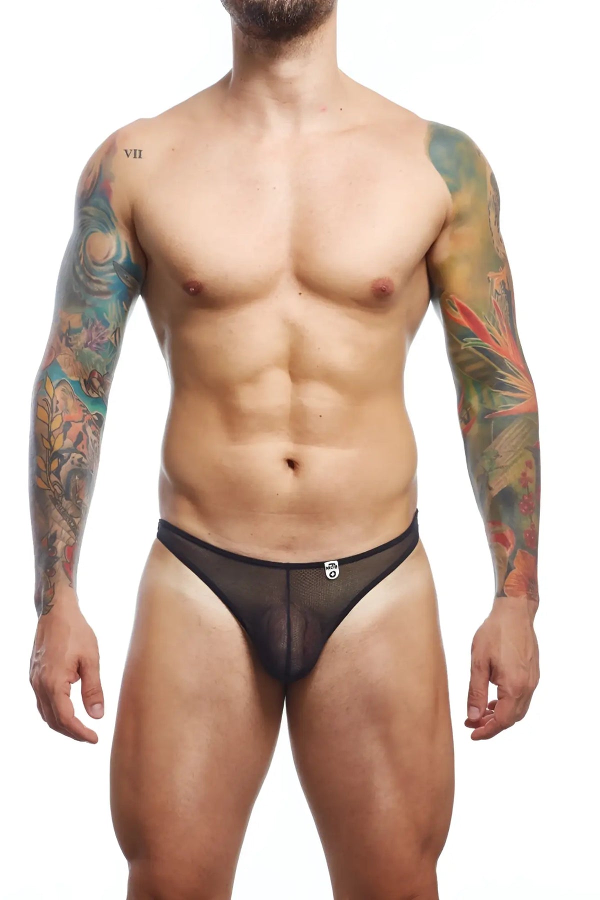 Black mesh briefs with a subtle logo on the front from the mob sheer thong collection