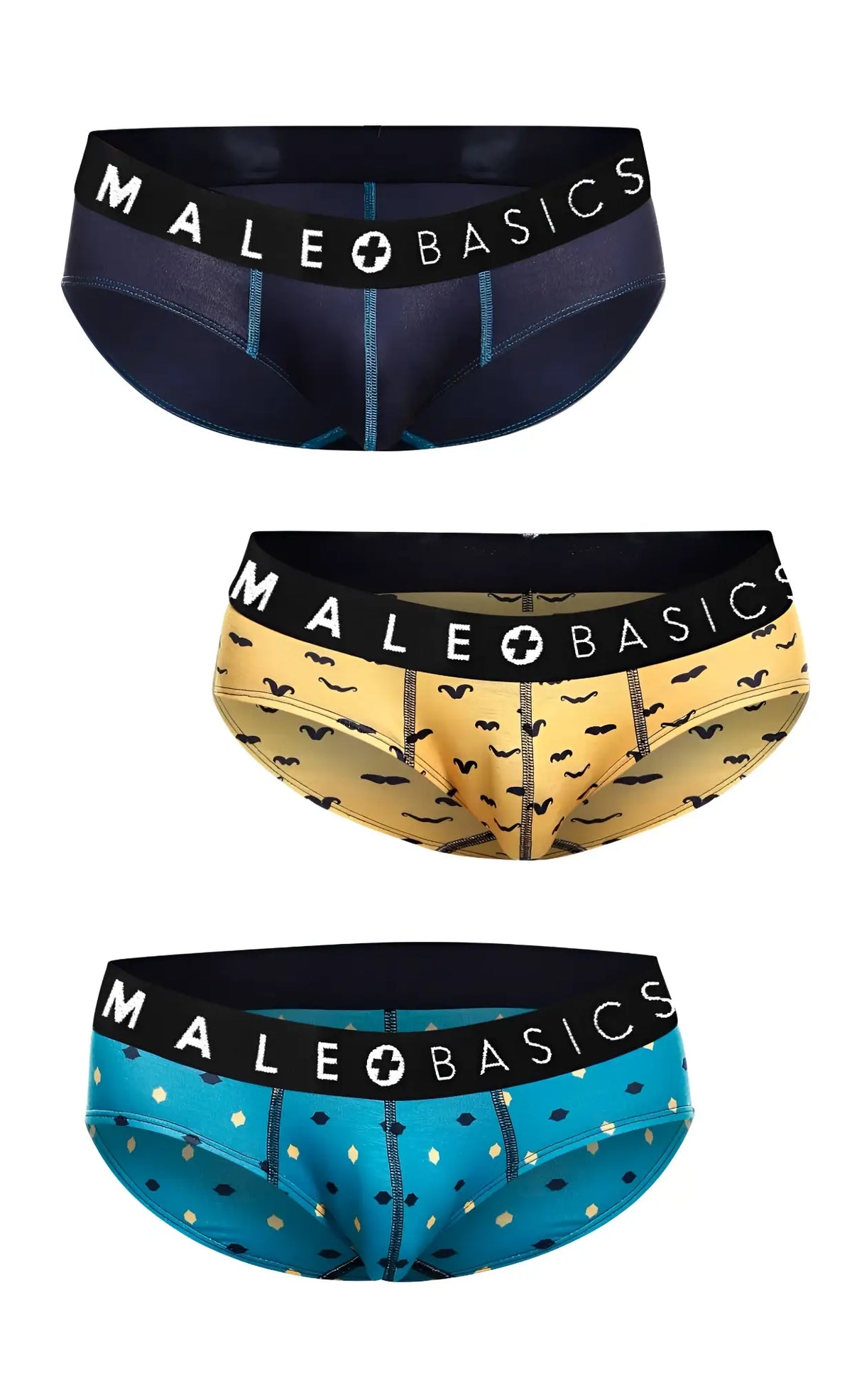 MaleBasics 3-pack briefs in navy with teal stitching, mustache print on mustard, and turquoise with polka dots.