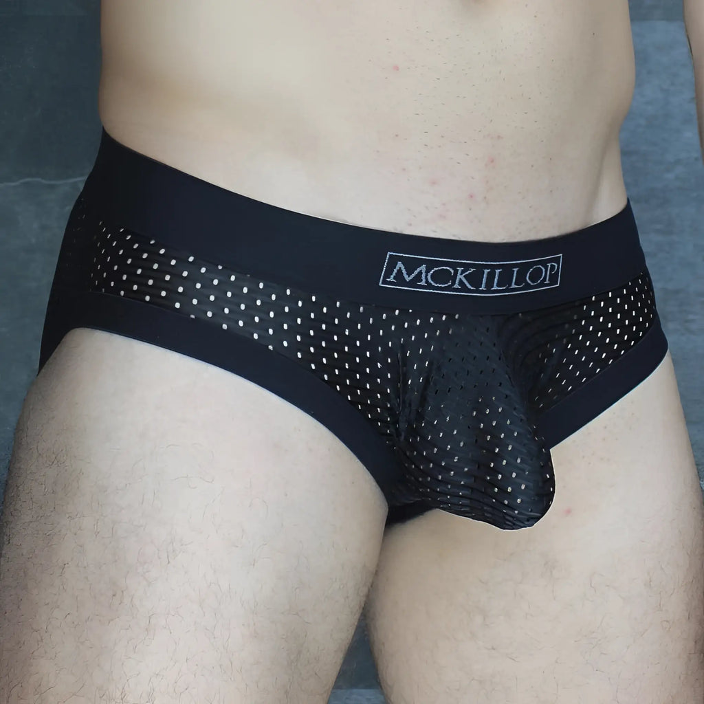 Black mckillop mckobpl brief mens underwear with mesh design and white dot pattern for breathability and style