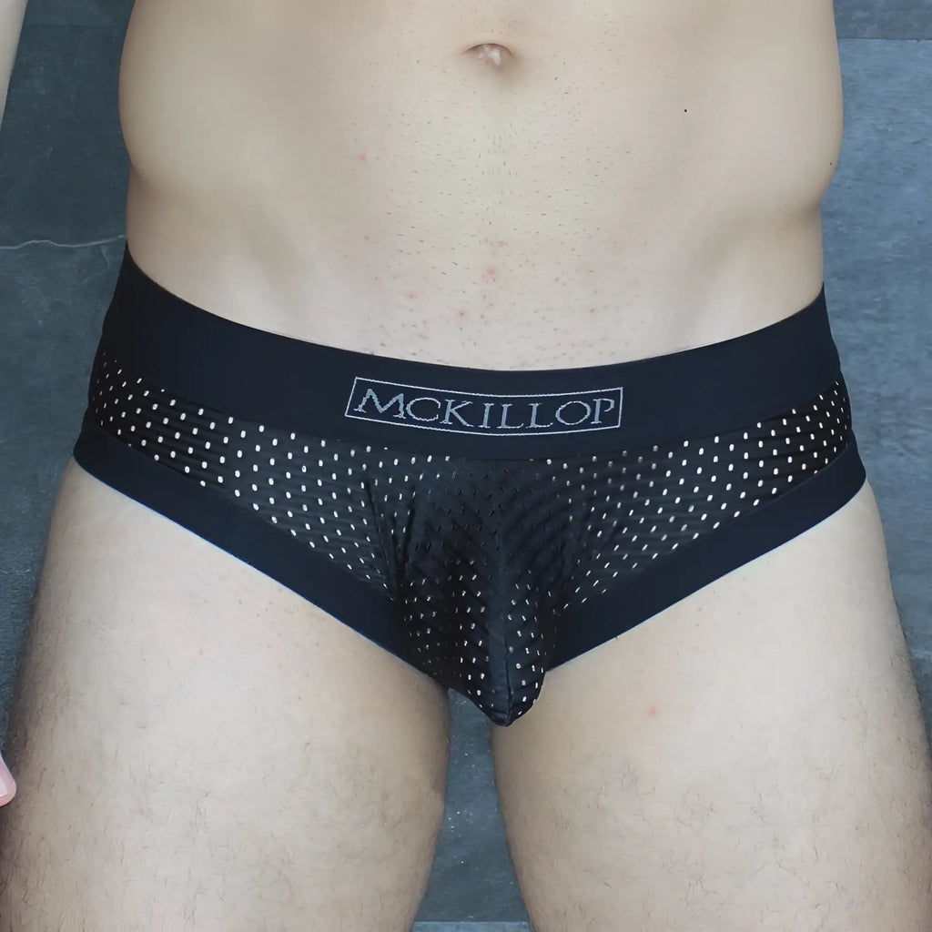 Mckillop mckobpl menâ€™s brief underwear in black mesh fabric with white dot pattern for comfortable wear