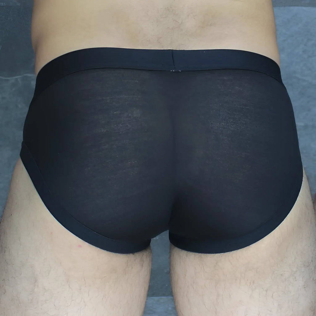 Mckillop obmo hoist brief modal black sheer mesh briefs with solid black elastic waistband front view