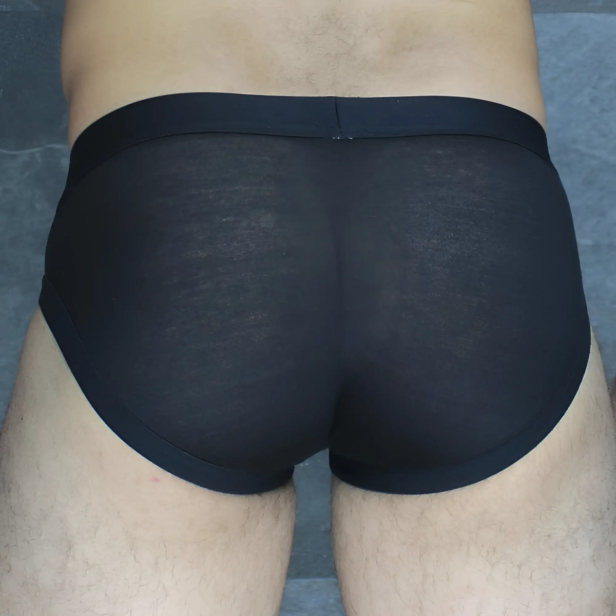 Mckillop obmo hoist brief modal black sheer mesh briefs with solid black elastic waistband front view