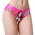 Pink high-waisted bikini briefs from mememe lingerie featuring a pop-art girl illustration and comic text on a polka-dot background