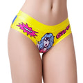 Bright yellow high-waisted bikini briefs with comic book-style super girl graphic and pink speech bubbles from mememe lingerie