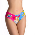 Vibrant pop-art printed bikini bottom with cartoon woman in red hat and sunglasses on pink and blue background by mememe lingerie