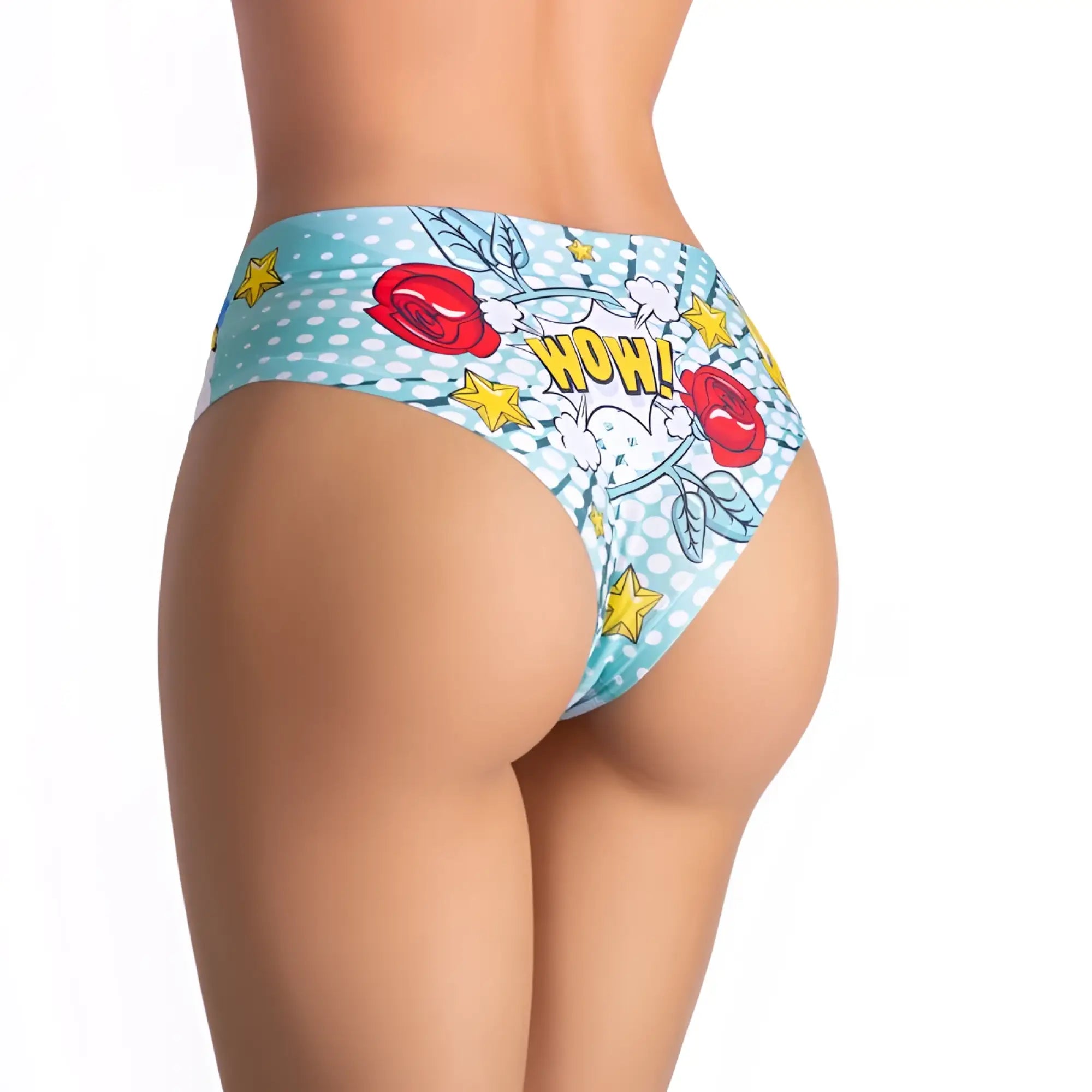 Light blue polka-dot bikini bottom with bold red roses yellow stars and wow comic burst from mememe lingerie