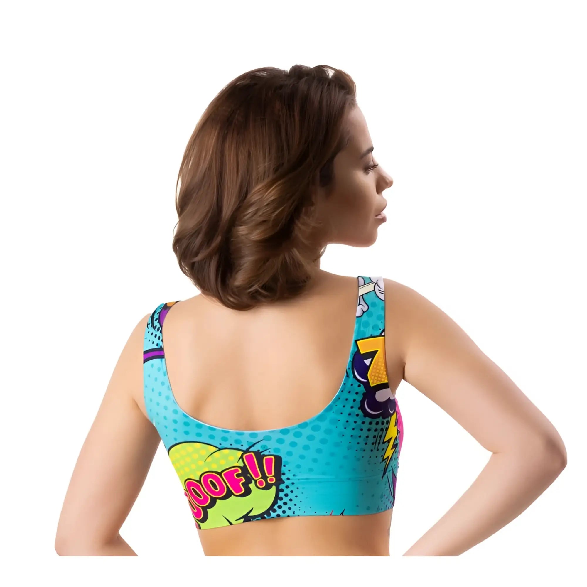 A vibrant turquoise sports bra with bold pop-art comic book speech bubbles and bright pink yellow and purple accents from mememe lingerie
