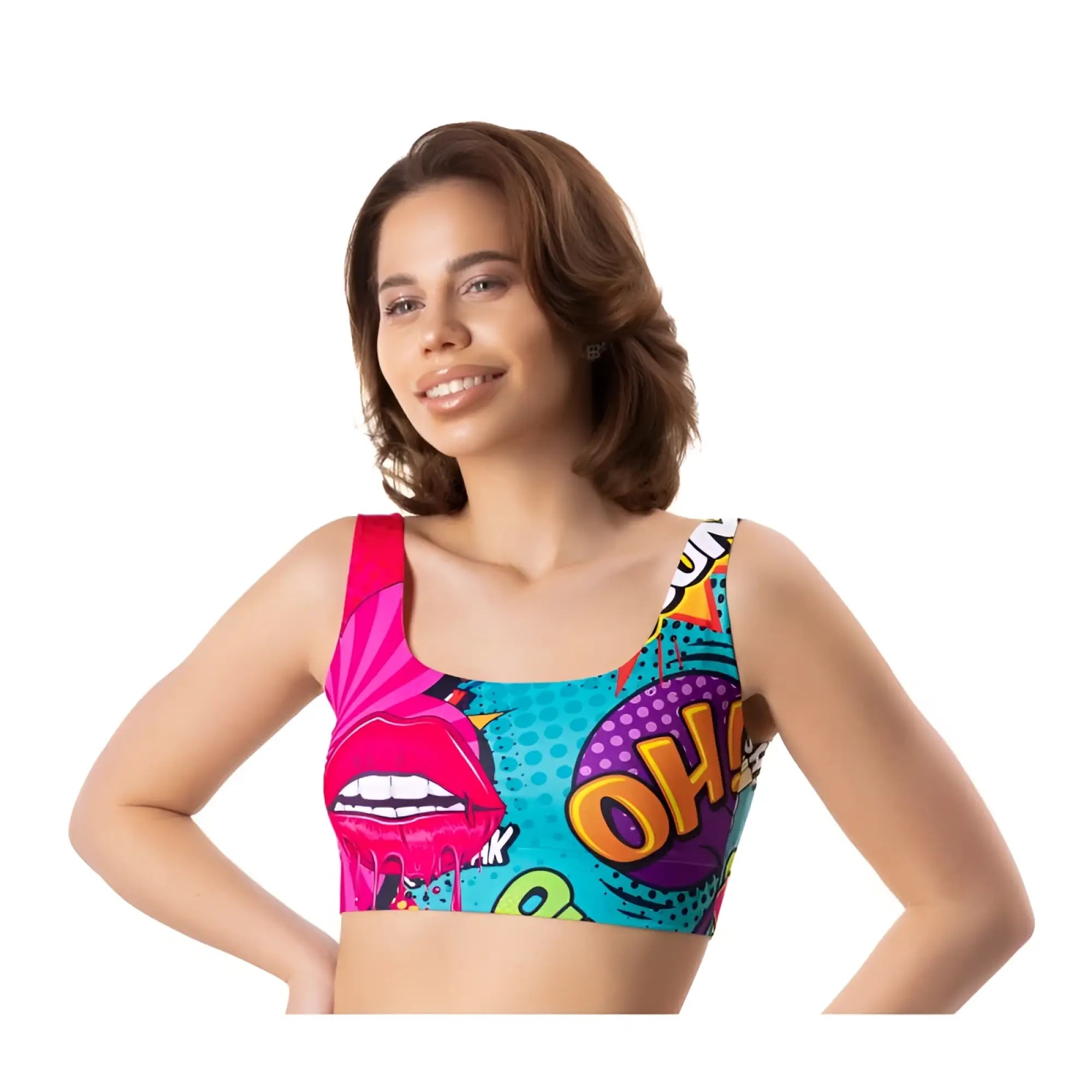 Vibrant mememe lingerie comics oh crop top xl sports bra with bold pink lips print and teal background with comic bubbles
