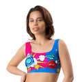 Vibrant Mememe Lingerie Comics Curios crop top sports bra with bold pink blue panels and pop-art comic print