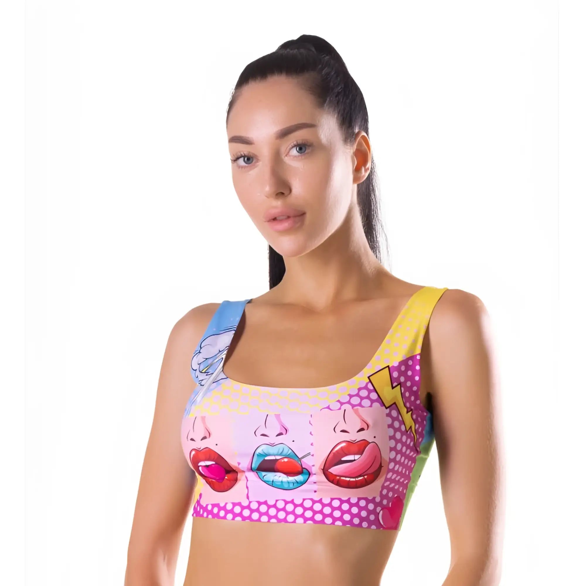 Mememe lingerie comics hot crop top m sports bra with vibrant pop-art lips print and yellow straps on polka-dotted background