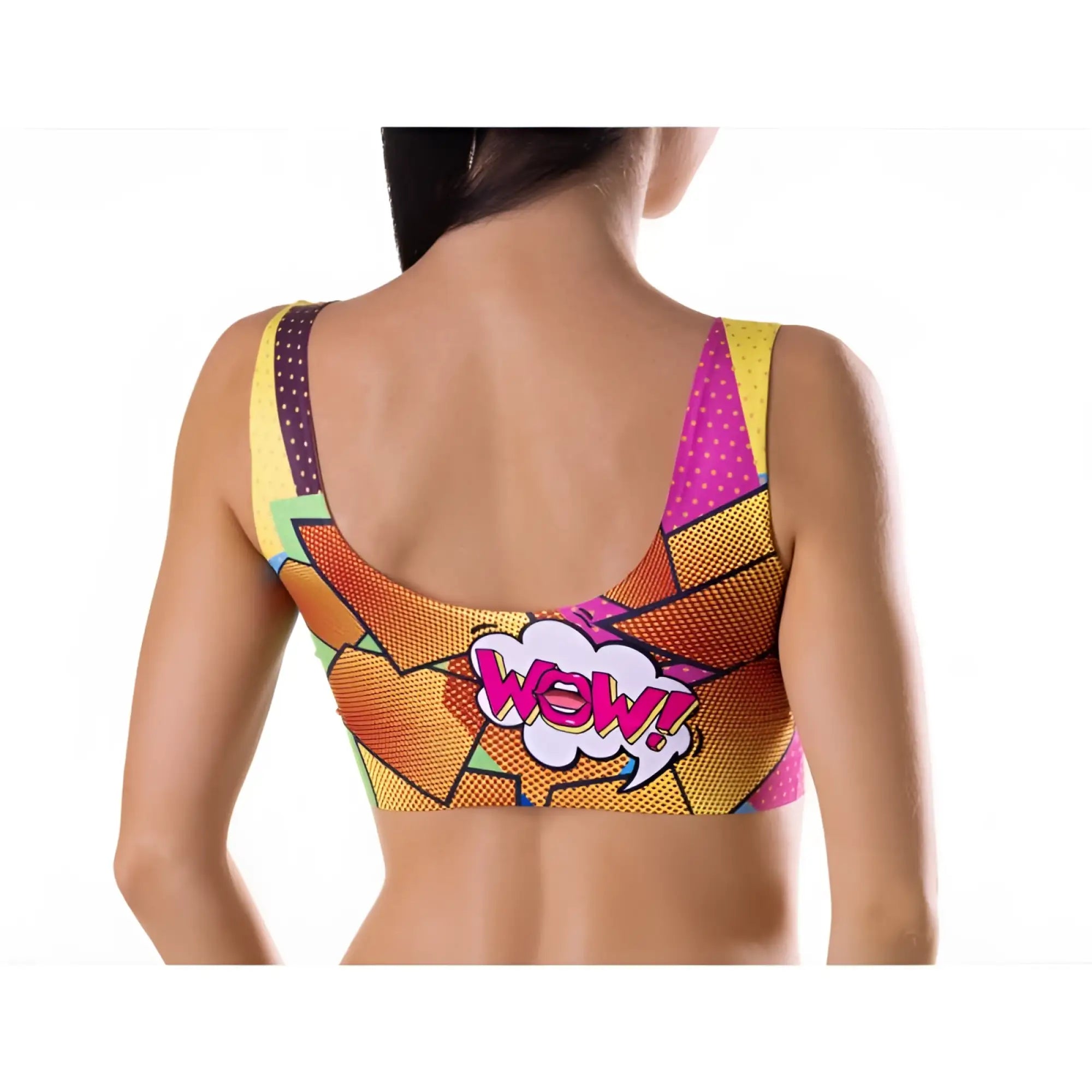 Mememe lingerie comics hot crop top m vibrant pop art sports bra with bold geometric patterns and wow speech bubble graphic