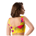 Mememe lingerie comics insta crop top s yellow and pink stretchy sports bra with girl power text and comic designs