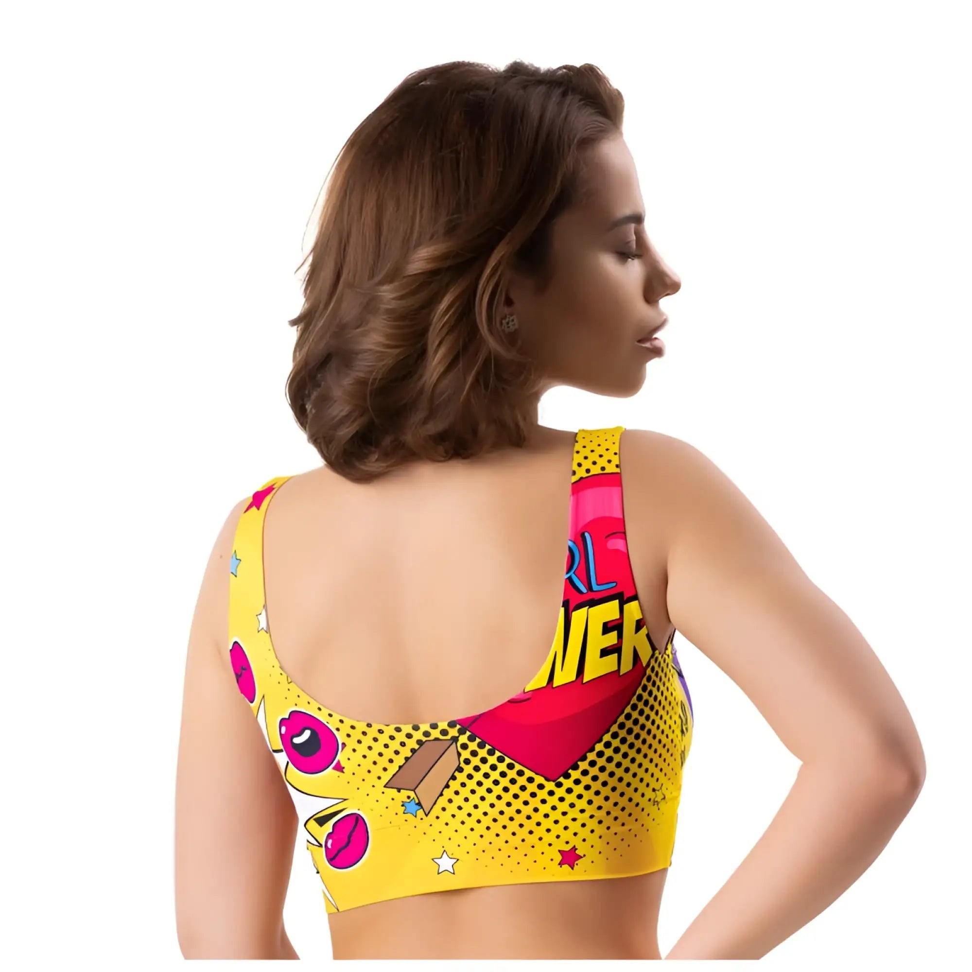 Yellow and pink mememe lingerie comics insta crop top xl with girl power text polka dots stars and cartoon eyes on stretchy fabric