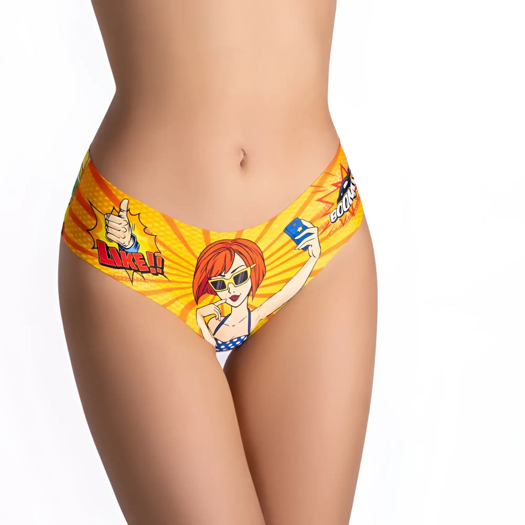 Vibrant yellow bikini bottom from mememe lingerie featuring a cartoon red-haired woman with phone and text graphics