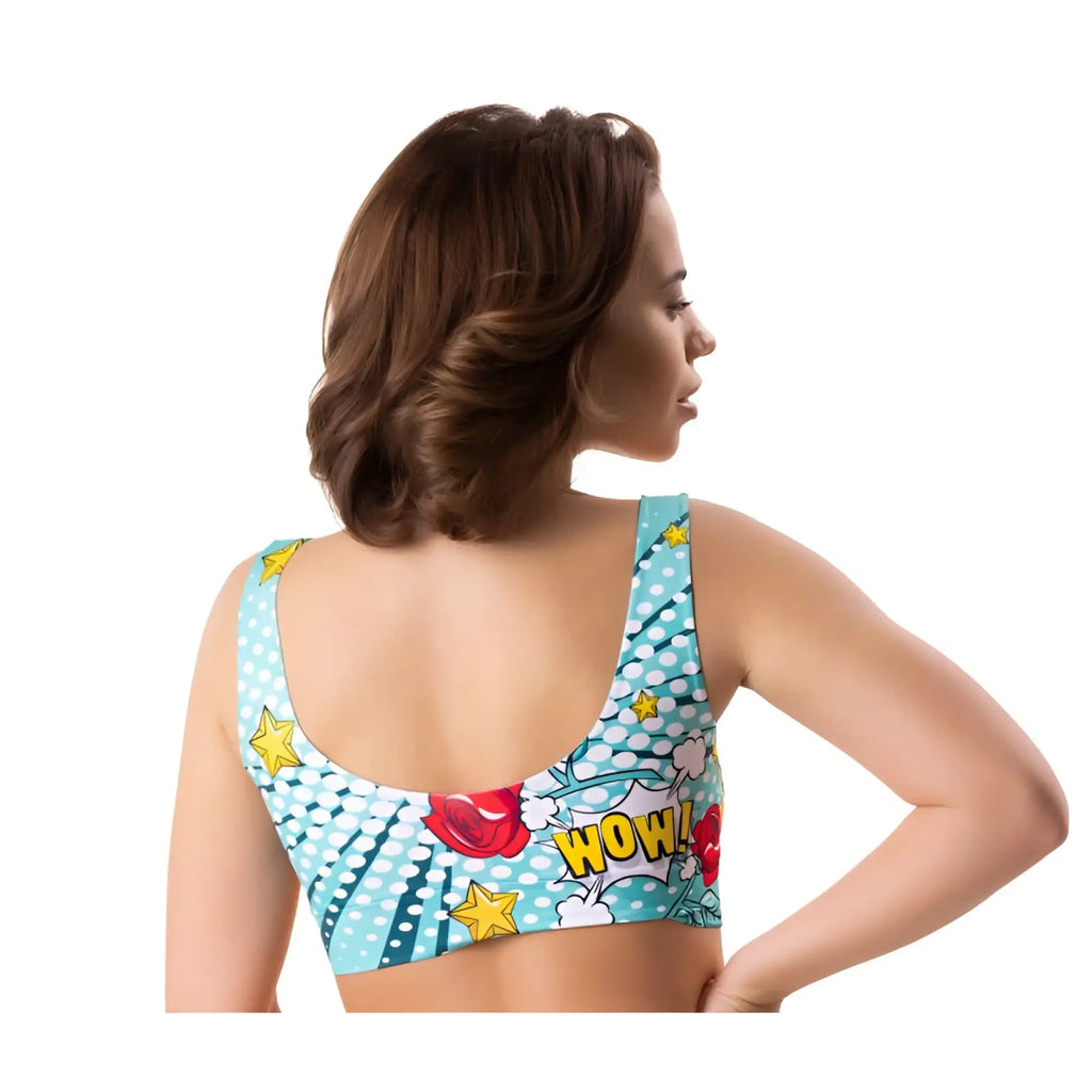 Mememe lingerie comics like crop top m sports bra in turquoise with white polka dots yellow stars and red roses design