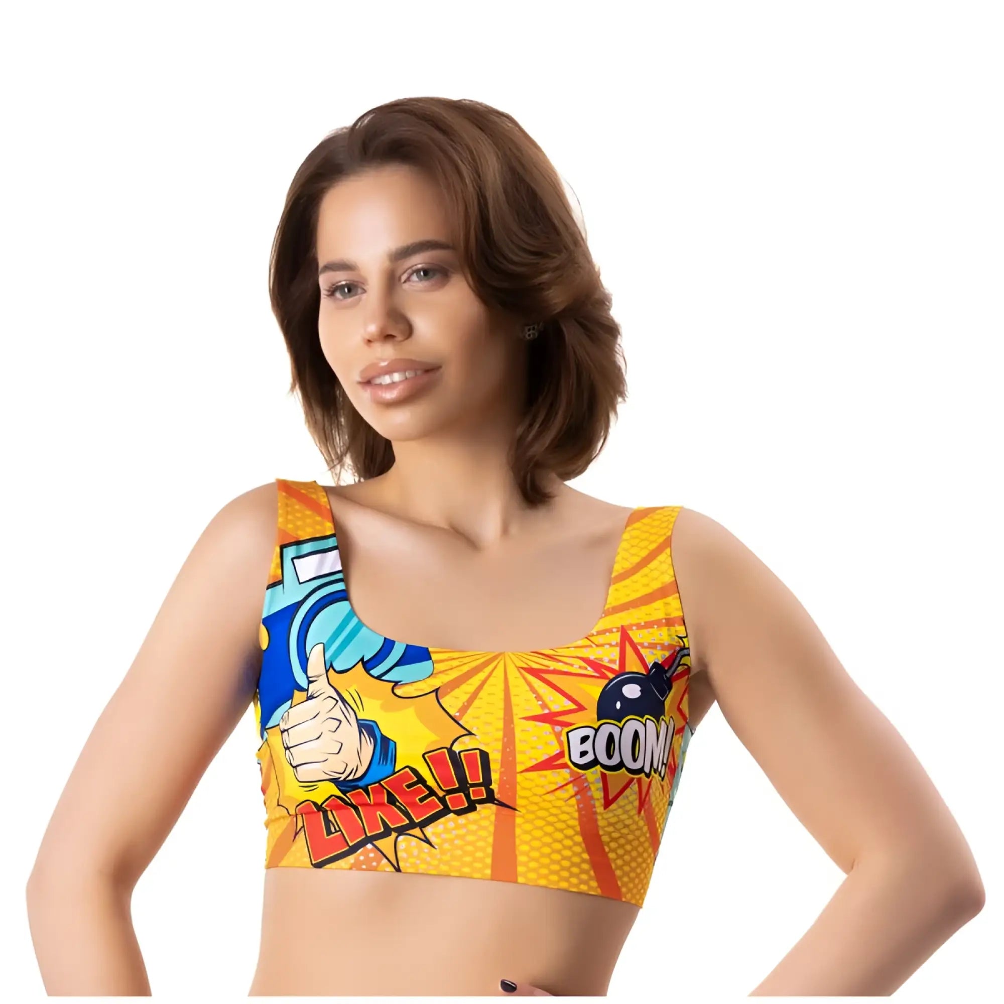 Vibrant yellow and blue comic book-themed Mememe Lingerie Comics like crop top XL with bold like text and boom explosion graphic