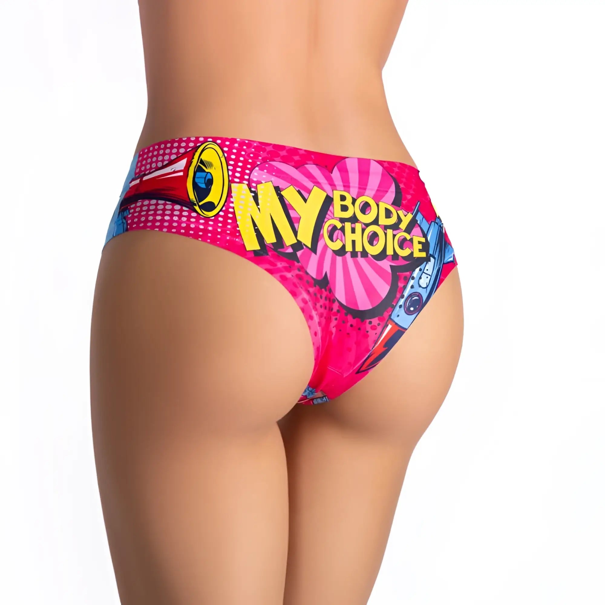 Vibrant pink bikini bottom with bold yellow my body choice text and comic book style graphics in mememe lingerie comics slip s