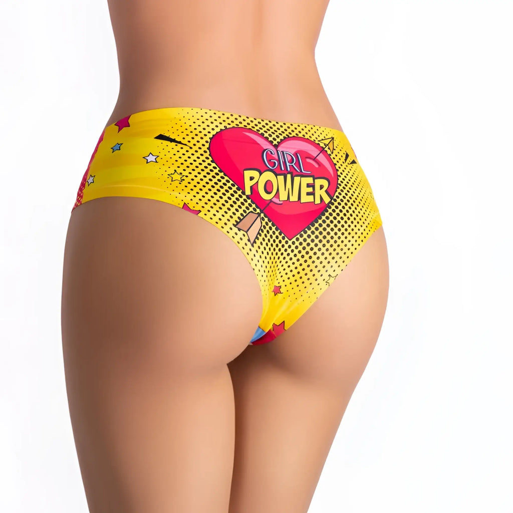 Bright yellow Mememe Lingerie Comics Strong Girl bikini bottom with bold pink heart and comic book style stars