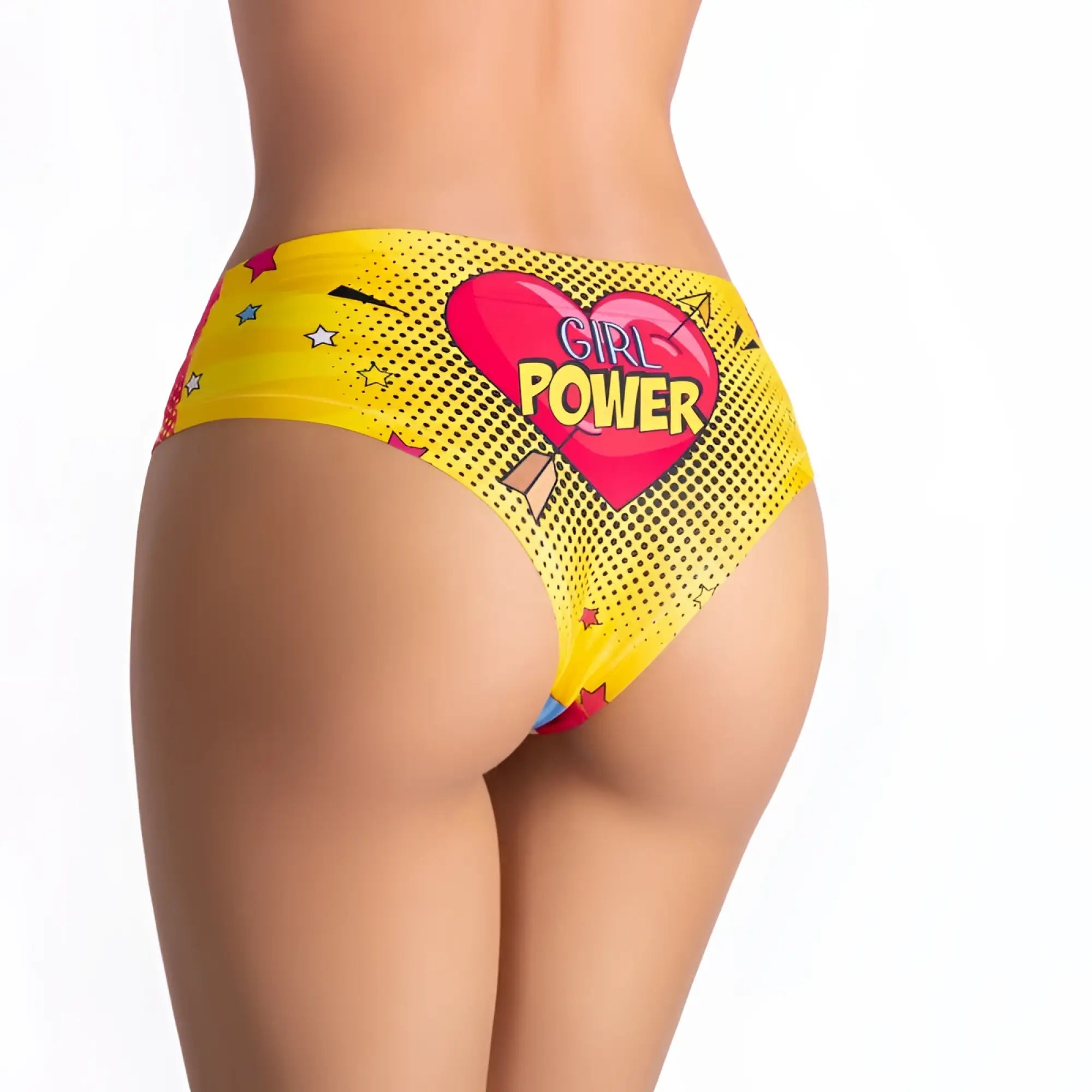 Bright yellow Mememe Lingerie Comics Strong Girl bikini bottom with bold pink heart and comic book style stars