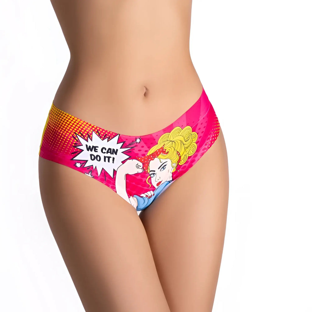 Vibrant pink and yellow comic style women’s underwear with we can do it rosie the riveter graphic mememe lingerie slip s