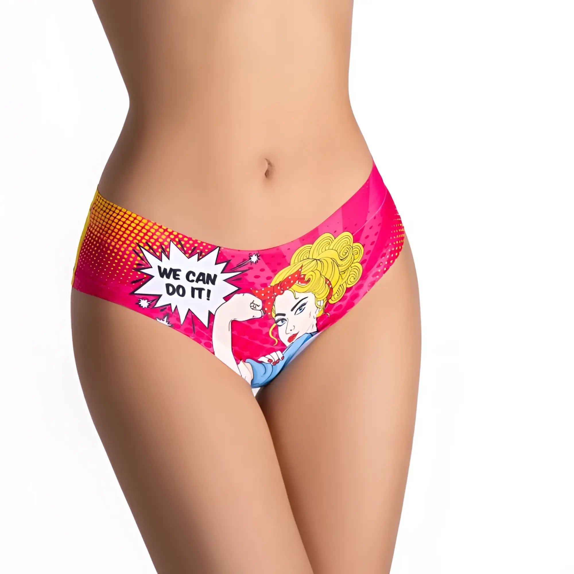 Vibrant pink and yellow comic style women’s underwear with we can do it rosie the riveter graphic mememe lingerie slip s