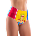 High-waisted bikini briefs featuring a vibrant comic-style superheroine with blonde hair and a red mask by mememe lingerie