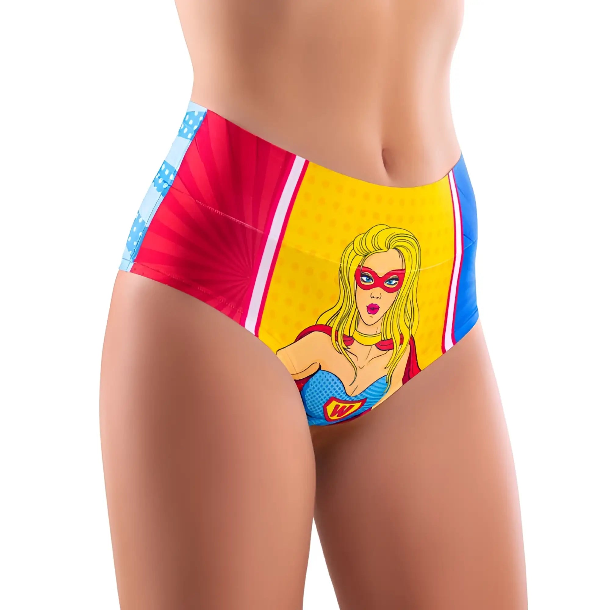 Mememe lingerie comics wonder girl hi briefs xl with vibrant comic superheroine print in blue and yellow on high waist