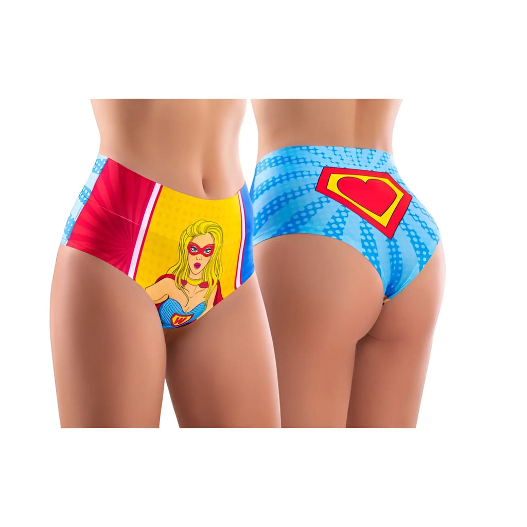Vibrant superhero-themed high-waisted bikini briefs in red yellow and blue comic book design mememe lingerie xl