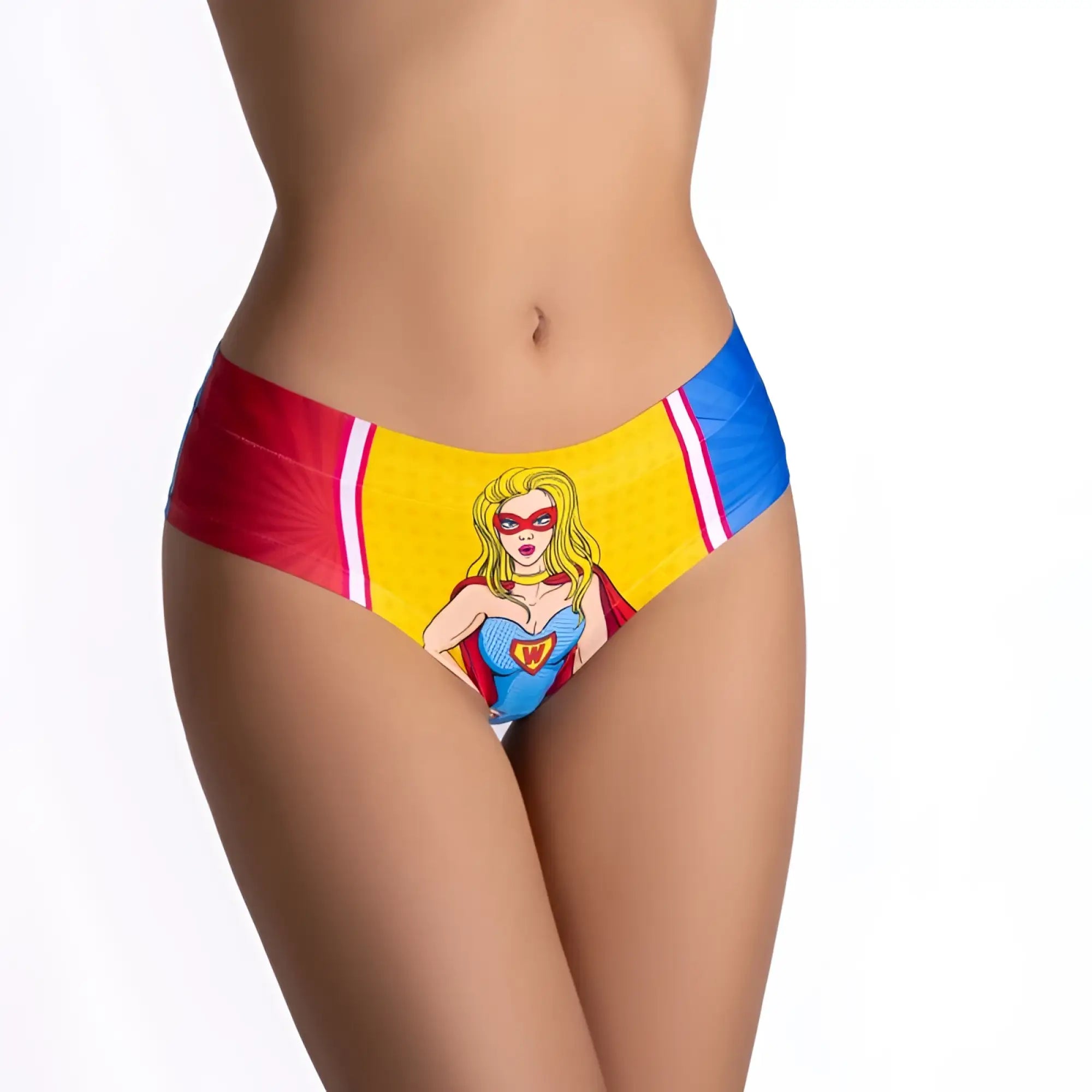 Vibrant comic-style high-waisted bikini briefs with yellow center panel and blonde heroine for mememe lingerie