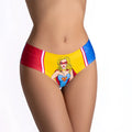 Vibrant comic-style mememe lingerie comics wonder girl slip xl bikini briefs with bold yellow center and red blue side panels