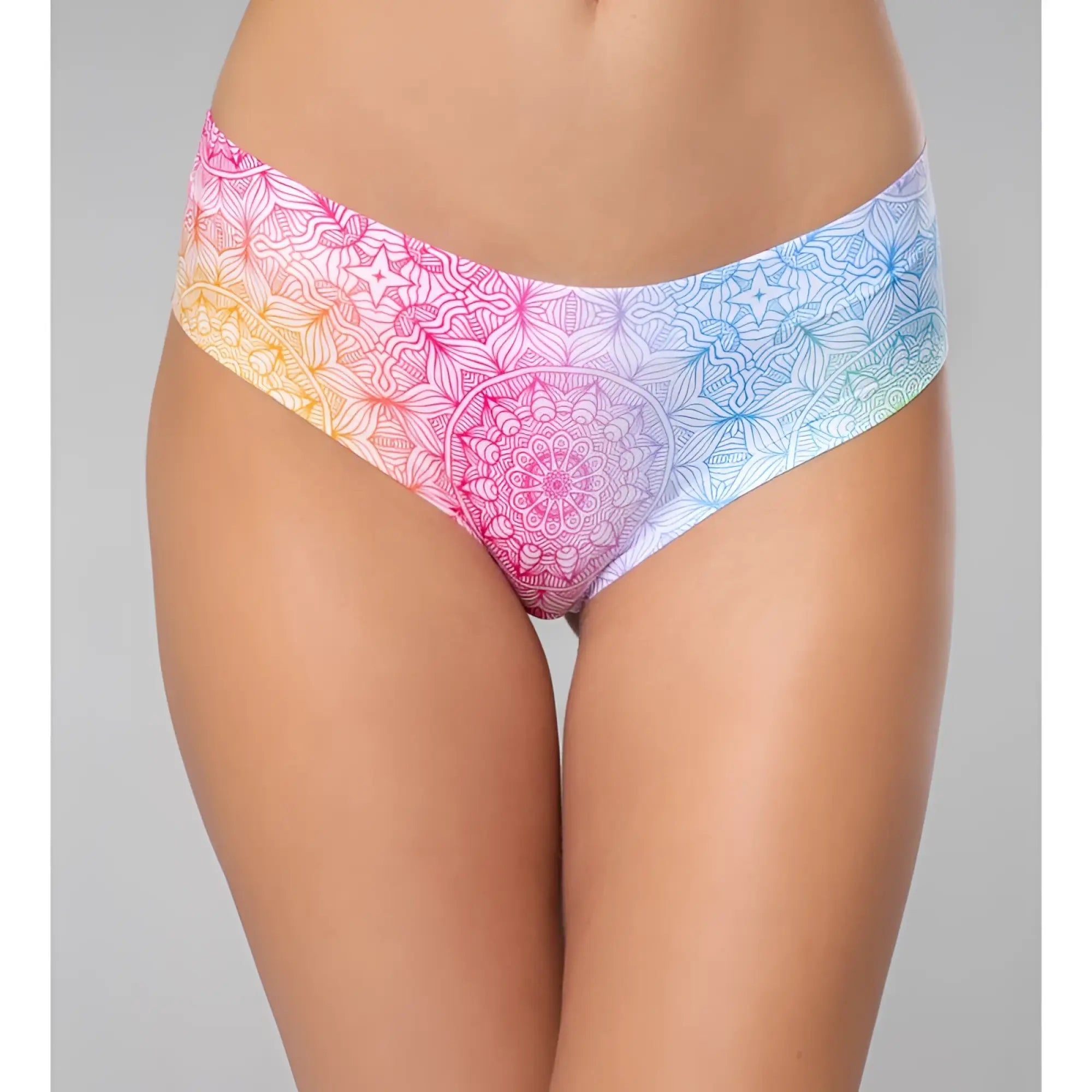 Mememe lingerie mandala happiness thong m with rainbow gradient and intricate mandala design on high-waisted bikini briefs