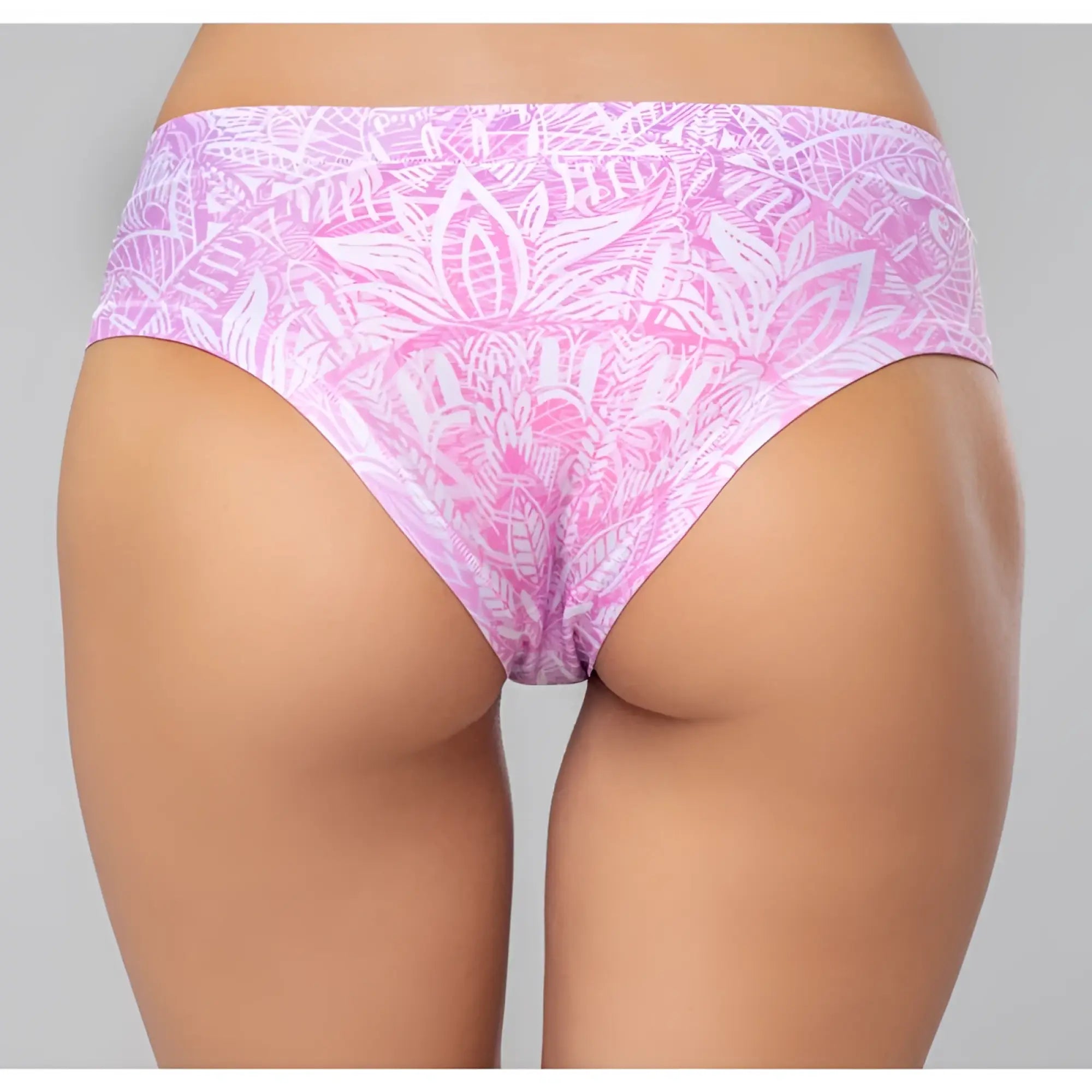 Mememe lingerie mandala origin thong l pink and white patterned bikini bottom with tropical leaf design back side view